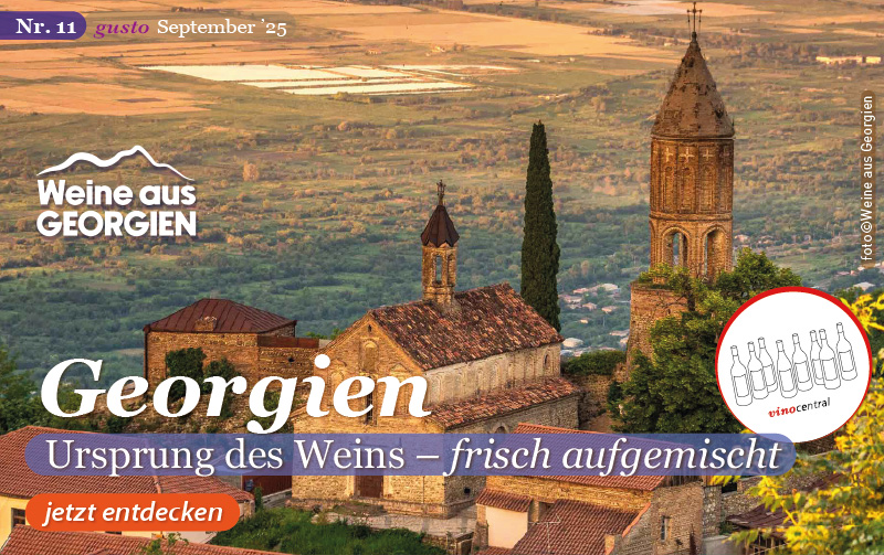 Blick auf den Rhein, Weinberger und eine Kirche vor eine Ortschaft in Rheinhessen