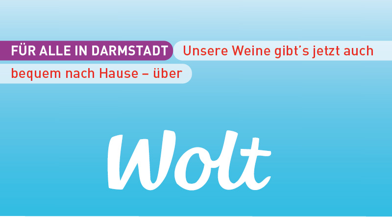Werbebanner für Wolt der auf die Verfügbarkeit aller vinocentral Weine bei Wolt aufmerksam macht