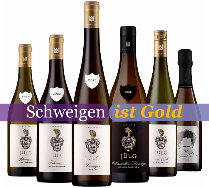 Ein Bild von den 6 Weinflaschen die in unserer Schweigen ist Gold Aktionsbox enthalten sind