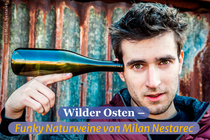 Das Bild zeigt Milan Nestarec wie er sich eine Flasche Wein an die Schläfe hält. Die Art wie er seine Finger hält erinnert an die Bewegung sich eine Pistole an den Kopf zu halten
