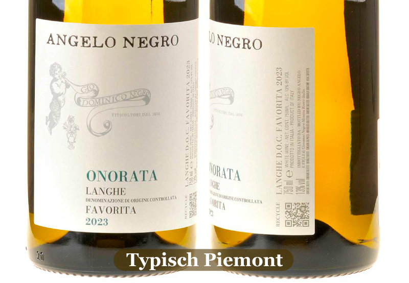 Ein Bild von einer Flasche Onorata Langhe Favorita mit allen Details des Etiketts