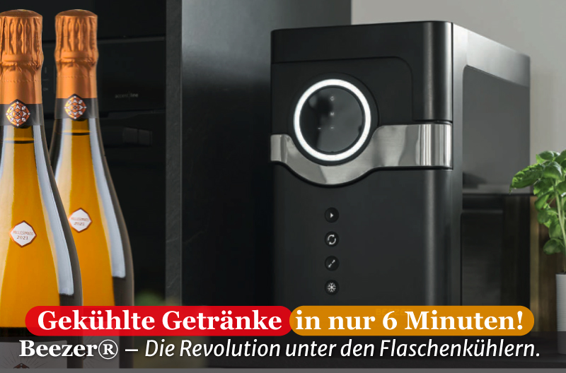 Ein Bild des Beezer Flaschenkühlers und zwei Sektflaschen