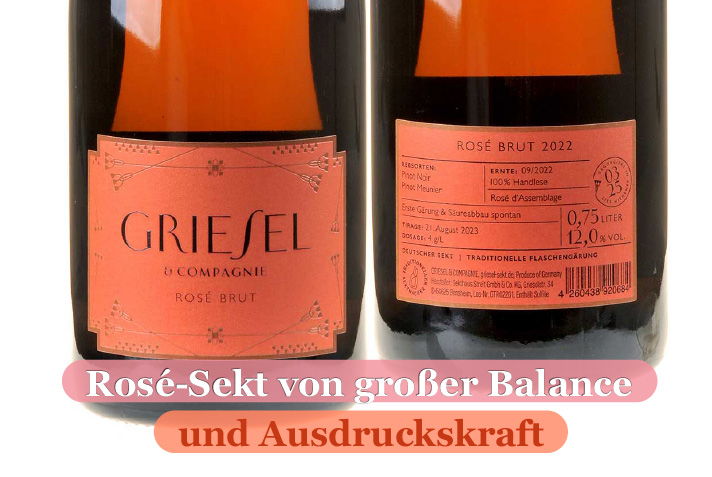 Das Bild zeigt zwei Flaschen Griesel Rose Sekt jeweils mit der Vorder- und Rückseite