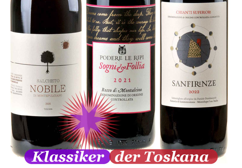 Ein Bild von den drei Toskana Weinen die in unserem Probierpaket entahlten sind