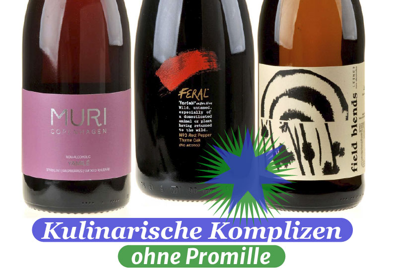 Ein Bild von den drei alkoholfreien Flaschen aus unserem Probierpaket Kulinarische Komplizen