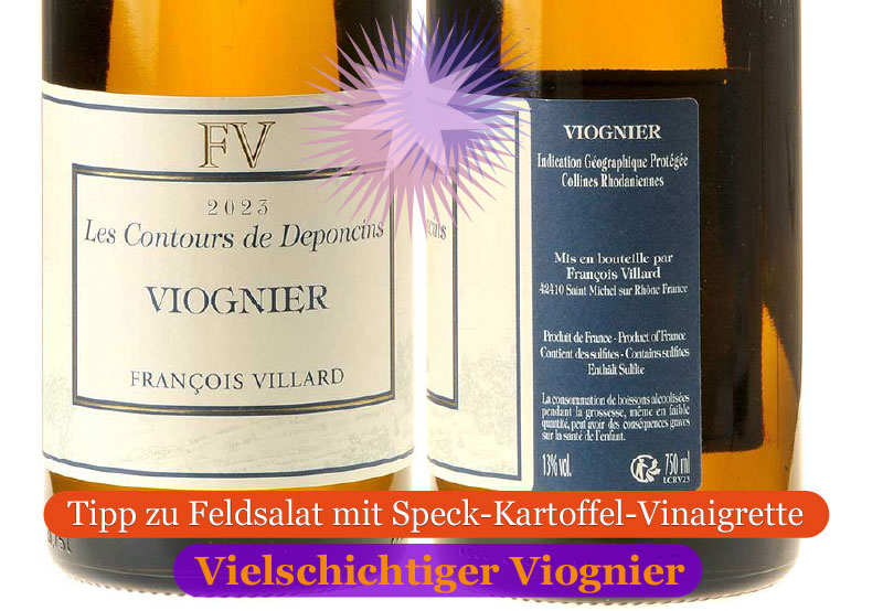 Ein Bild von zwei Flaschen Viognier von Francois Villard mit dem Frotetikett und Seitenansicht