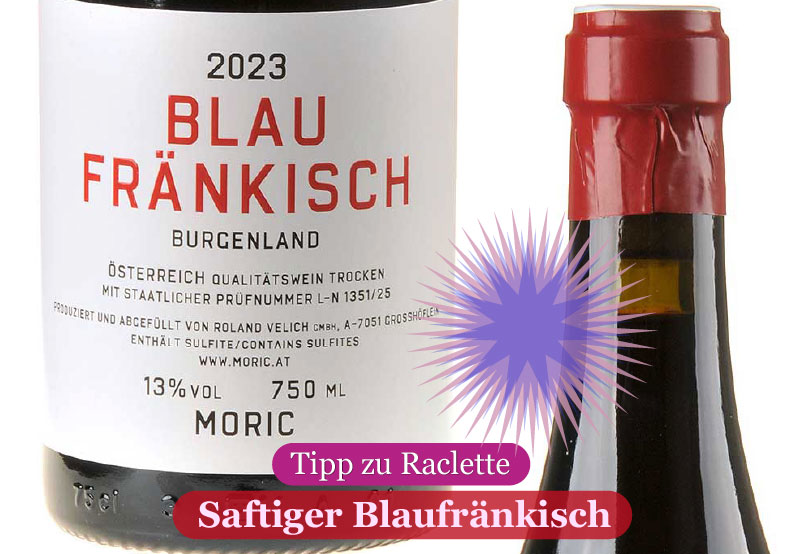 Ein Bild einer Flasche Blau Fränkisch von Moric und daneben die Kapsel der Flascvhe