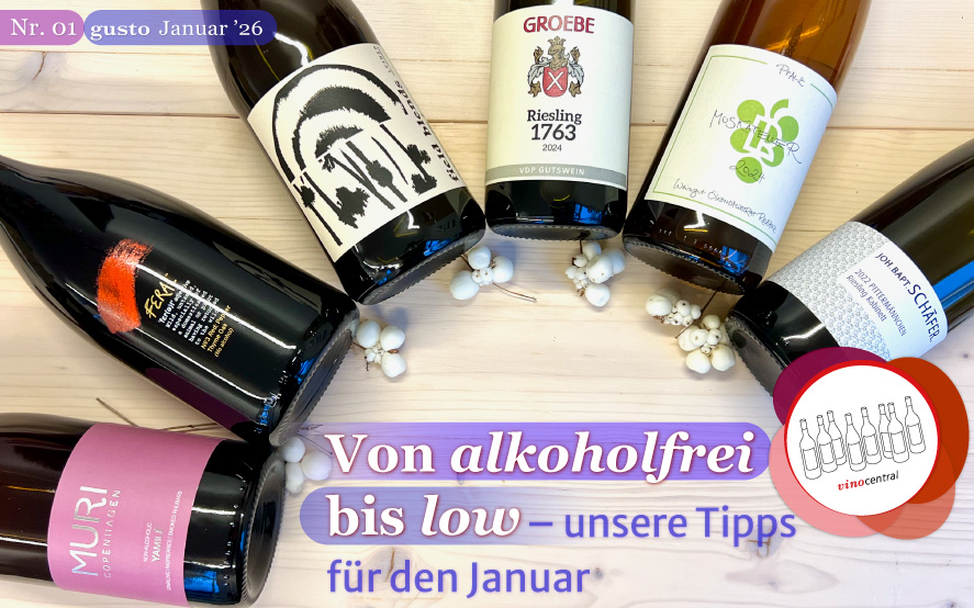 Ein Bild von 6 alkoholfreien Weinflaschen auf einem Holztisch liegend