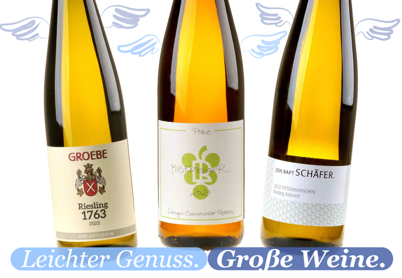 Ein Bild von drei Weinflaschen vor hellem Hintergrund. Die Flaschen stammen aus dem Probierpaket Leichter Genuss - Grosse Weine. An die Flasdchenhälse sind stilisierte Flügel gezeichnet
