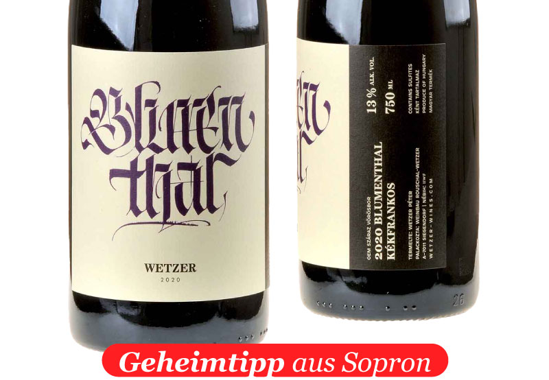 Ein Bild der Vorder- und Rücketikett des Kekfrankos Blumenthal von Peter Wetzer