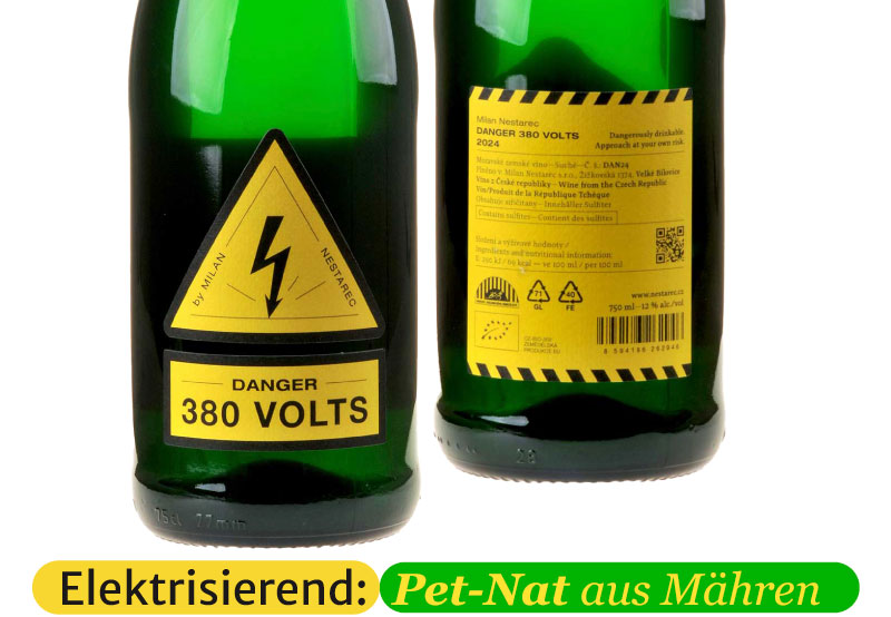 Ein Bild der Vorder- und Rücketikett des Danger 380 Volts von Milan Nestarec
