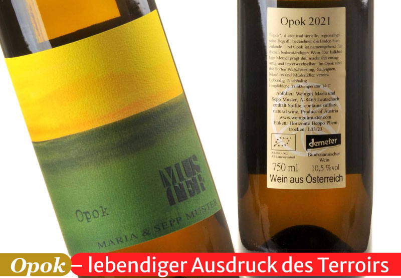 Ein Bild der Vorder- und Rücketikett des Opok von Maria & Sepp Muster