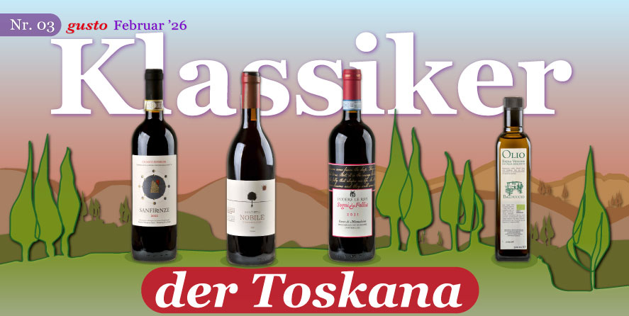 Ein Bild von den 3 Rotweinen unseres Pakets Klassiker der Toskana mit dem Olivenöl vor einer graphischen Darstellung einer Toskanischen Landschaft