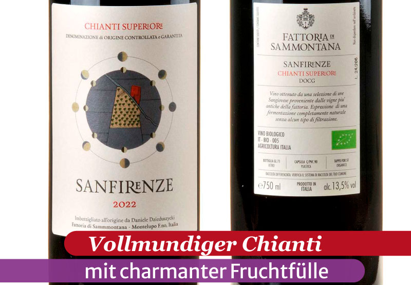 Ein Bild des Vorder- und Rücketikette einer Flasche Sanfirenze Chianti Superiore
