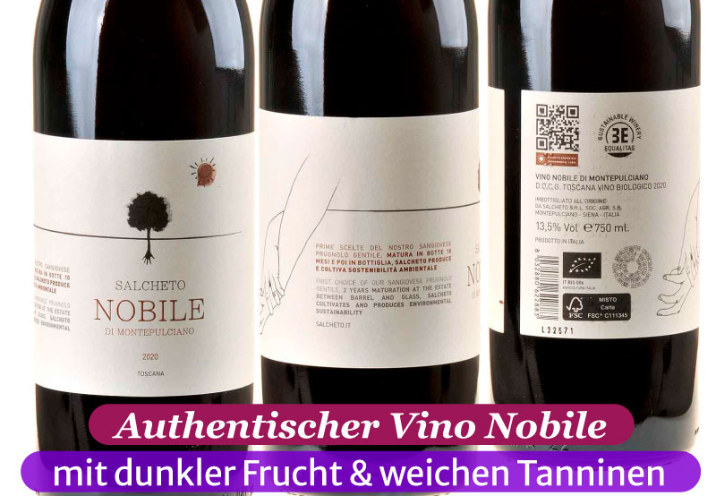 Ein Bild des Vorder- und Rücketikette einer Flasche Vino Nobile die Montepulciano