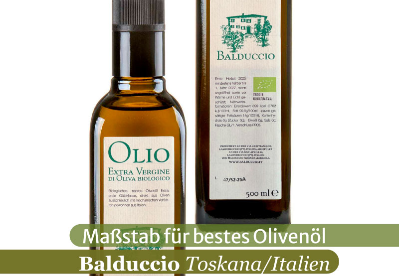 Ein Bild des Vorder- und Rücketikette einer Flasche Balduccio Olivenöl Extra Vergine