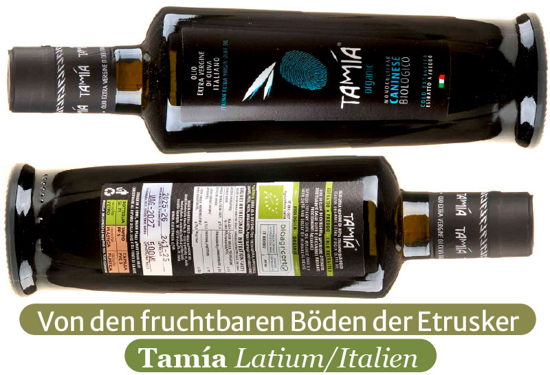 Ein Bild des Vorder- und Rücketikette einer Flasche Balduccio Olivenöl Extra Vergine