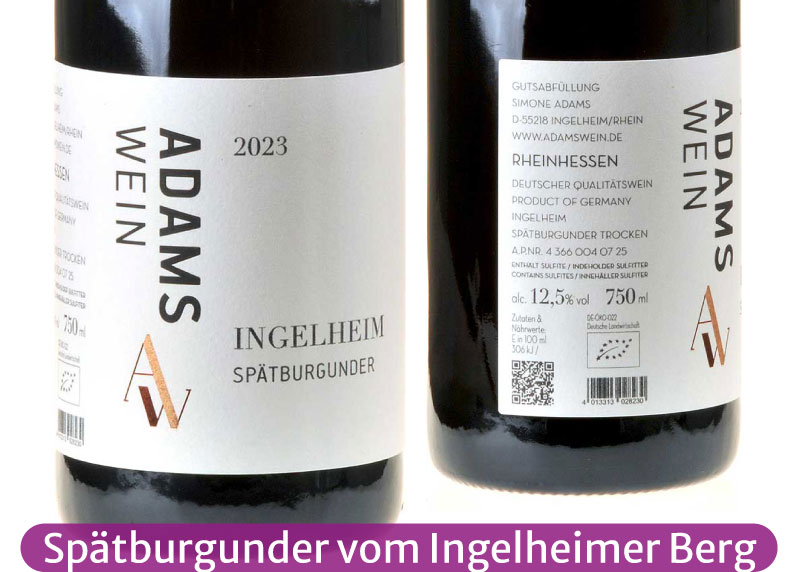 Ein Bild von zwei Flaschen des Ingelheimer Spätburgunder von Adams mit Blick auf das vordere und rückseitige Etikett
