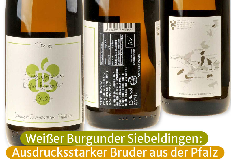 Ein Bild von dre Flaschen unseres Weißer Burgunder Siebeldingen Vom Muschelkalk