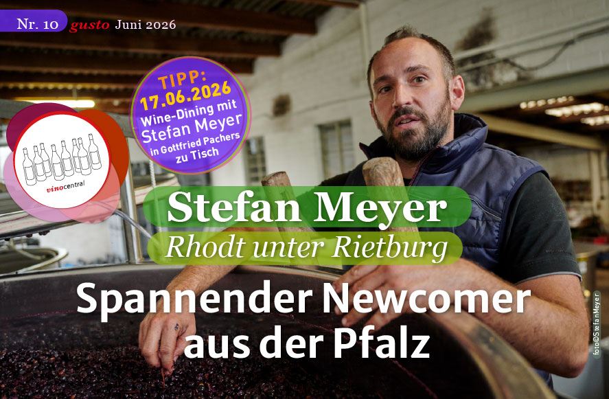 Ein Foto von Stefan Meyer auf einer Leiter stehend mit der Hand in der Maische