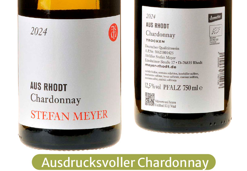 Ein Bild von zwei Flaschen unseres Chardonnay aus Rhodt QbA. bio demeter 2024