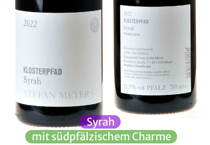 Ein Bild von zwei Flaschen unseres Syrah Rhodter Klosterpfad QbA. 2022