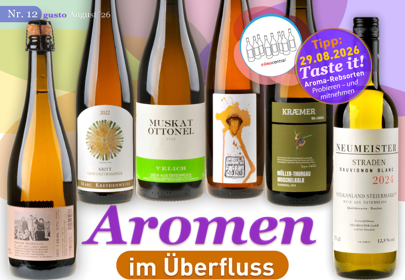 Ein Bild mit allen 6 Flaschen aus unserem Probierpacket Aromen im Überfluss als Titel für unseren Newsletter Gusto No 12
