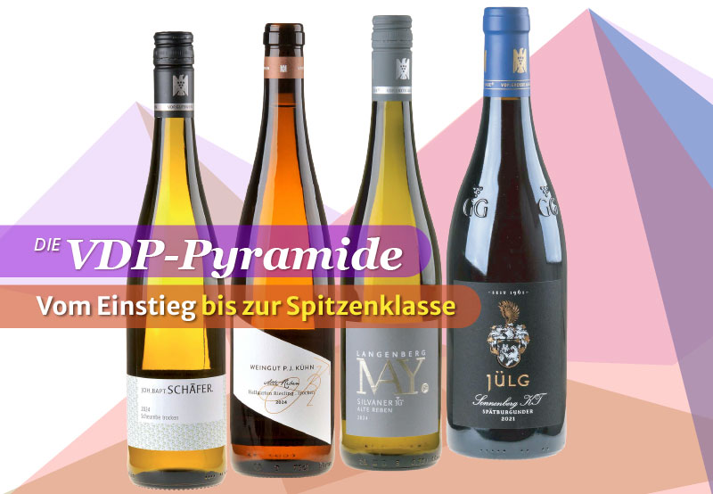Ein Bild von den 4 Weinflaschen unseres Packet Angebots VDP Pyramide